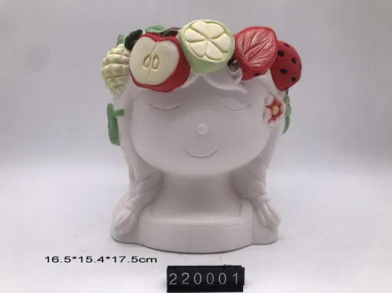 Statua in ceramica con volto di ragazza, ghirlanda di animali marini sulla testa, vaso per fiori e piante e composizioni di piante grasse, decorazioni per la tavola, fioriere, regali